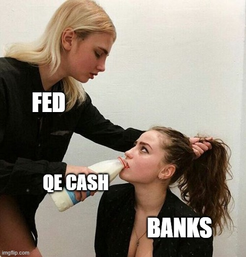 Girl forcing another girl to drink milk as a metaphor for Fed forcing cash into banks.
