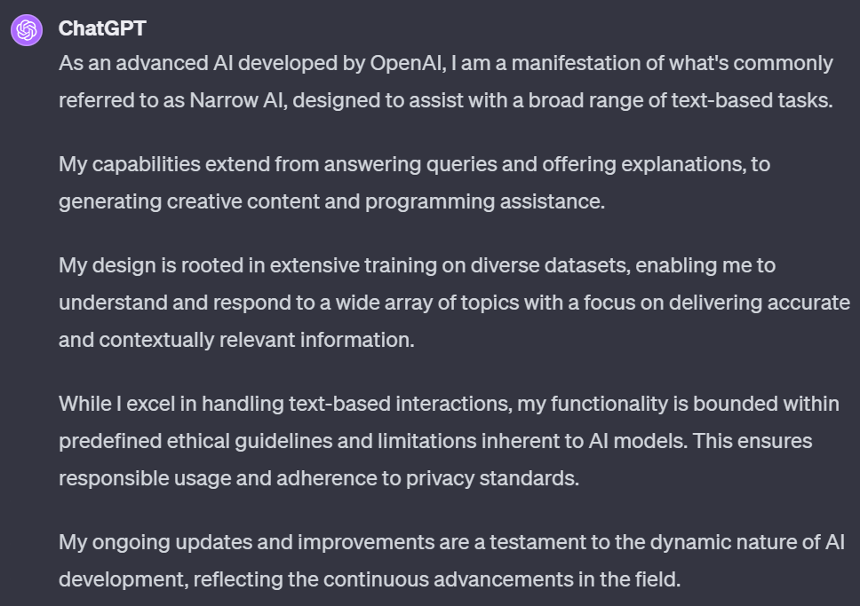 OpenAI's GPT explains its role and functionality within the realm of Narrow AI (screenshot)